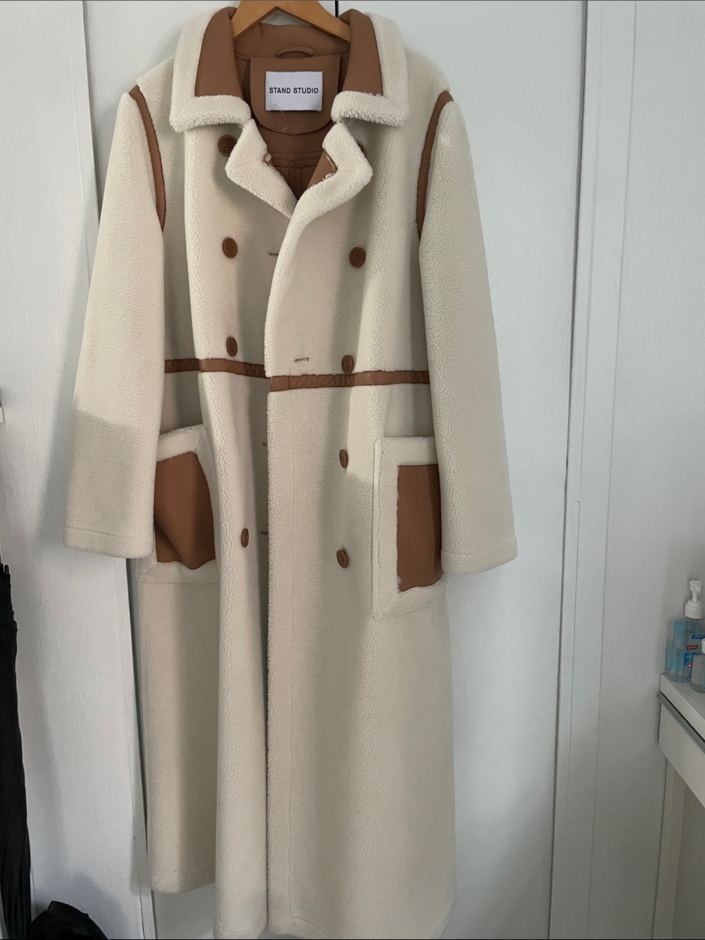 Women’s Designer Stand Studio Cream Shearling Long Coat with Brown Trim Accents